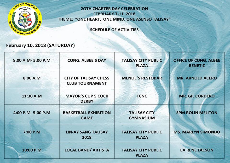 City Of Talisay 20th Pasidungog Festival Schedule Of Activities