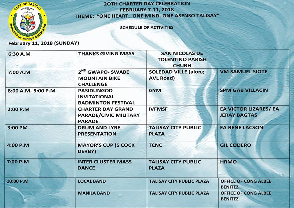City Of Talisay 20th Pasidungog Festival Schedule Of Activities